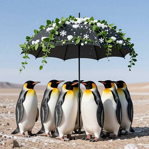 Photograph of six King Penguins standing under a black umbrella adorned with white flowers and green leaves in a sunny, clear blue sky.