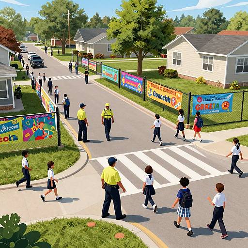 Bright, digital illustration of a suburban crosswalk scene: children in school uniforms, police officers, colorful banners, houses, and lush greenery.
