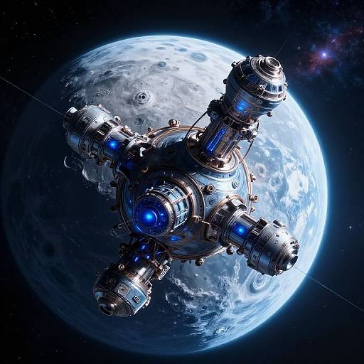 Digital artwork of a futuristic, blue-lit space station orbiting a detailed, illuminated Earth against a starry, dark space background.