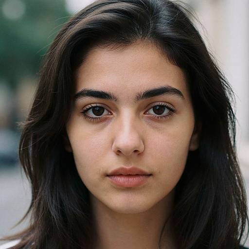 Close-up photograph of a young woman with long dark brown hair, brown eyes, and light skin, looking directly at the camera with a neutral expression,