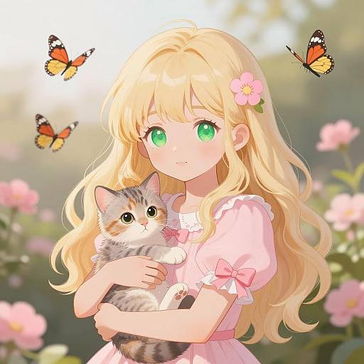 Charming Girl with Kitten in Garden