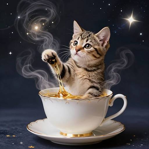 Whimsical Tabby Kitten in Cosmic Teacup