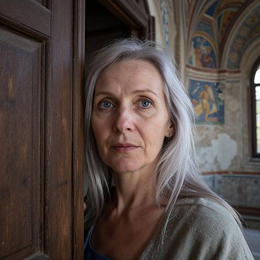 Photograph of a middle-aged woman with long silver hair, blue eyes, and fair skin, standing in a dimly lit, wooden doorway, with
