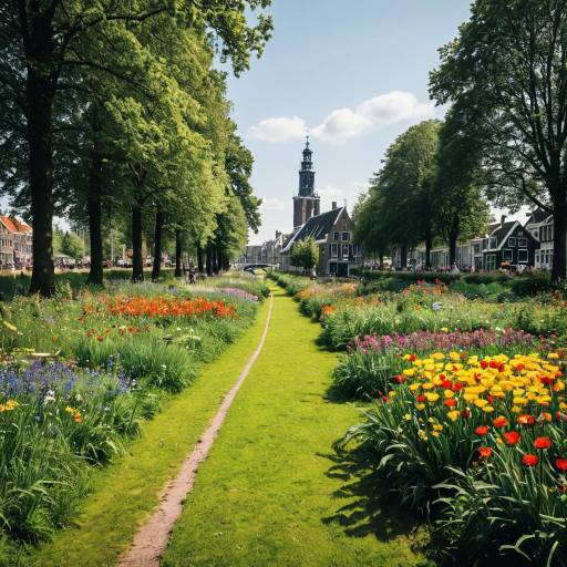 Colorful Meadow with Dutch Canal Houses and Tower
