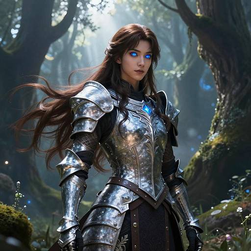 Digital artwork of a beautiful, blue-eyed woman with long brown hair, wearing shiny silver armor, standing in a mystical forest.