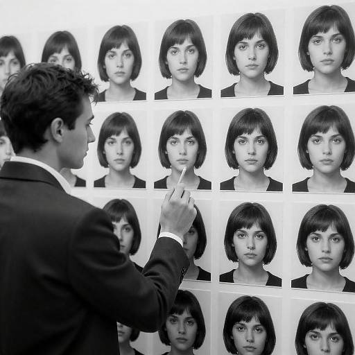 Man Analyzing Identical Portraits on Wall