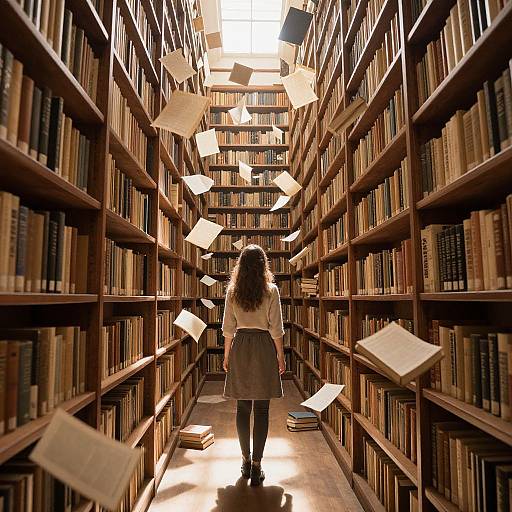 Photograph of a woman with curly hair, white blouse, and gray skirt, standing in a sunlit library aisle with floating books.