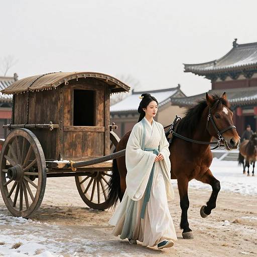 Cinematic Winter Scene: Hanfu and Carriages
