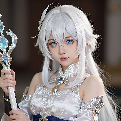 Digital art of a young woman with silver hair, blue eyes, and white fantasy armor holding a crystal staff, set against a dark background.
