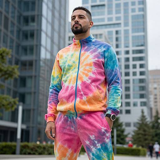Photograph of a bearded man with short black hair, wearing a vibrant tie-dye jacket and pants, standing in front of modern skyscrapers