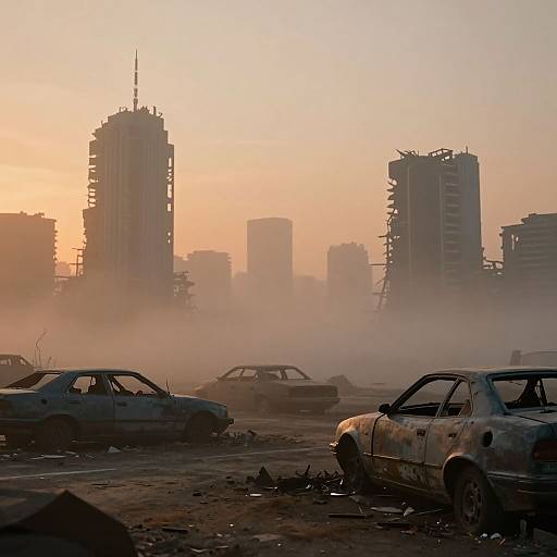 Photograph of a post-apocalyptic cityscape at sunset, featuring three skeletal skyscrapers and several burned, rusting cars amid thick smoke on a