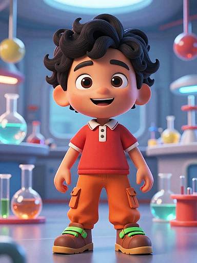 3D Cartoon Boy in Futuristic Lab