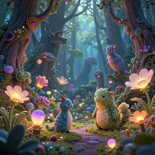 Whimsical forest scene with fluffy, colorful creatures and glowing flowers. Digital art depicting a magical, illuminated woodland path.