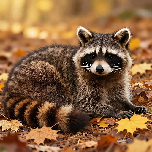 Raccoon-Cat Creature on Autumn Leaves