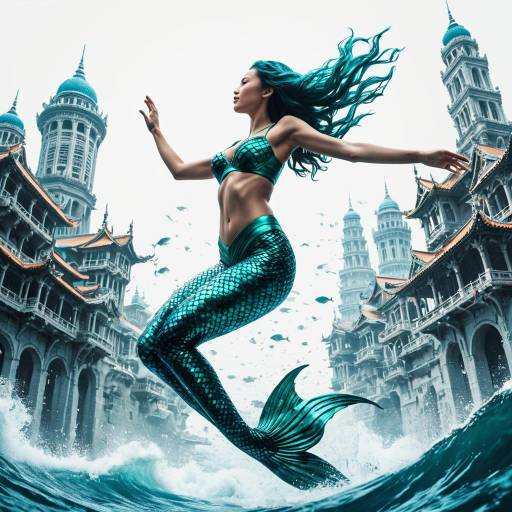 Mermaid Soaring Above Mystical Underwater City