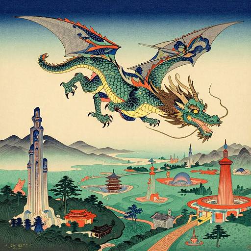 Vibrant digital illustration of a green dragon with blue and red accents soaring over a traditional Asian landscape with pagodas, temples, and mountains.
