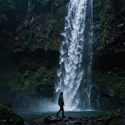 Photograph of a silhouetted person standing in front of a towering, illuminated waterfall with cascading white water in a dark, misty forest