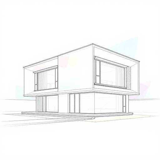 Black-and-white architectural line drawing of a modern, two-story house with large rectangular windows, a prominent gabled roof, and a flat entrance.