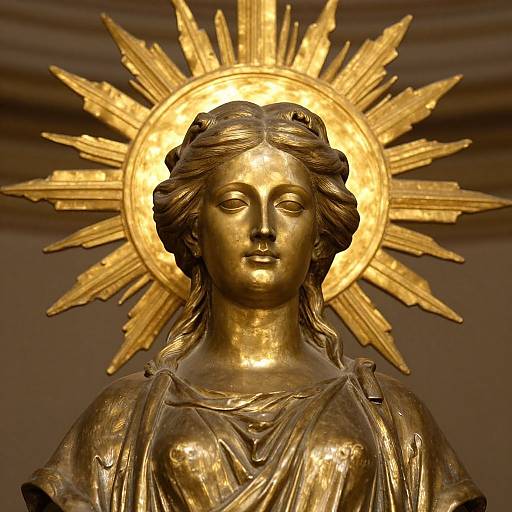 Photograph of a golden statue with a radiant halo, featuring a serene female figure with wavy hair and draped clothing.