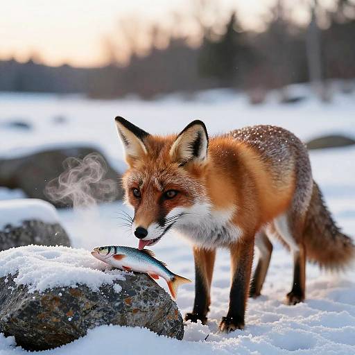 Fox Eating Fish in Winter Sunrise