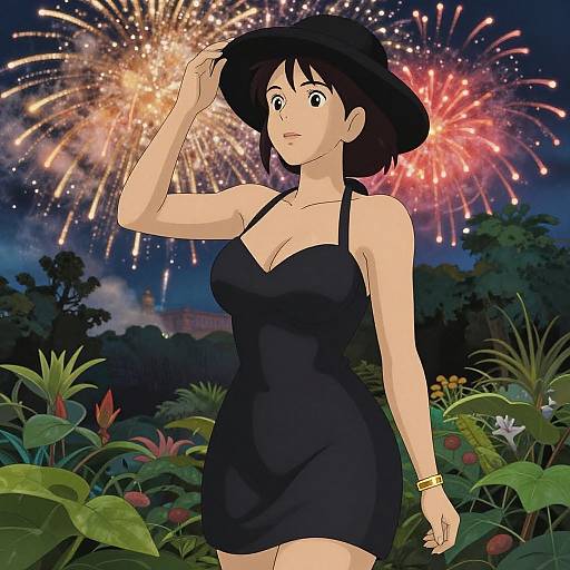 Anime-style digital drawing of a woman in a black halter dress, saluting against a night sky filled with colorful fireworks, surrounded by lush tropical plants