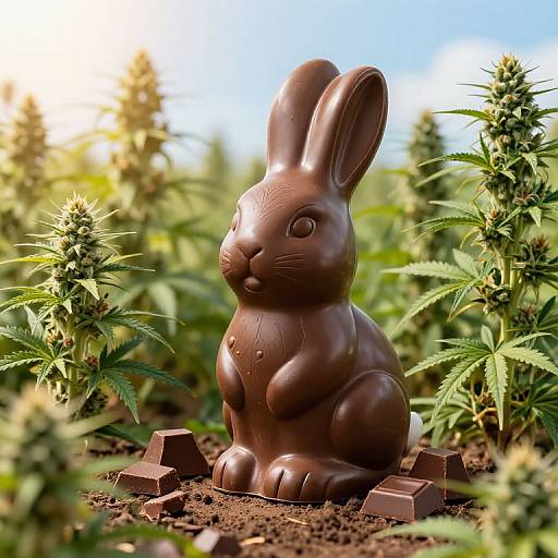 Chocolate Easter Bunny in Cannabis Field