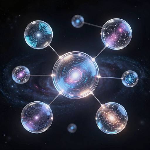 Digital art of a molecular structure with six glowing, transparent spheres connected by lines, set against a starry, cosmic background.