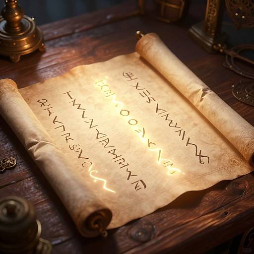 Photograph of a glowing, aged parchment with cryptic runes on a wooden table, surrounded by ornate brass and glass objects.