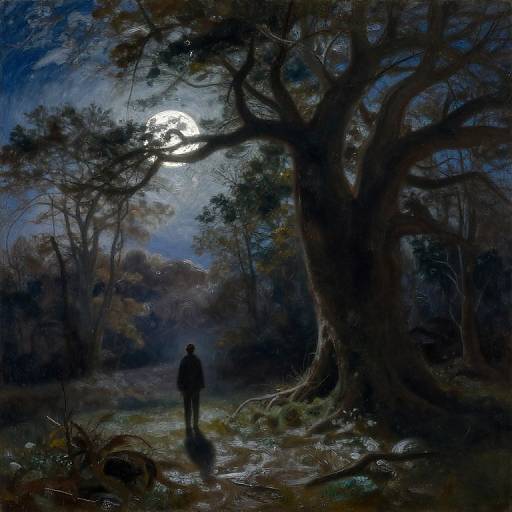 Digital painting of a solitary figure standing under a moonlit, dark, dense forest with a large, shadowy tree dominating the foreground.