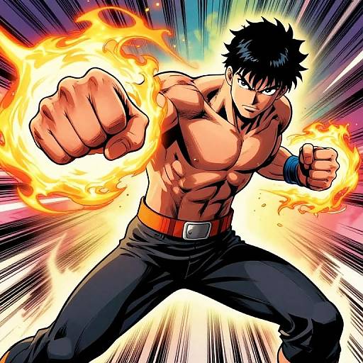 Muscular anime man with black spiky hair, glowing orange flames around fists, intense expression, black pants, red belt, dynamic action pose.