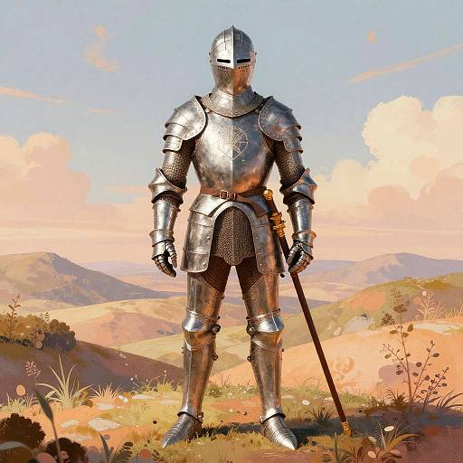Digital painting of a medieval knight in shiny silver armor, standing with a sword in a sunny, hilly landscape.