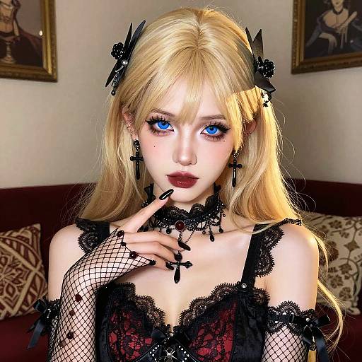 Digital art of a pale blonde woman with blue eyes, black lace lingerie, fishnet gloves, and gothic hair accessories, posing indoors.
