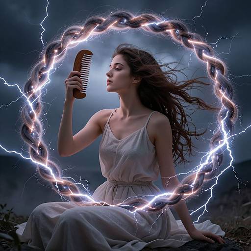 Photograph: Woman with long brown hair, white dress, holding wooden comb, surrounded by glowing lightning in a dark, stormy sky.