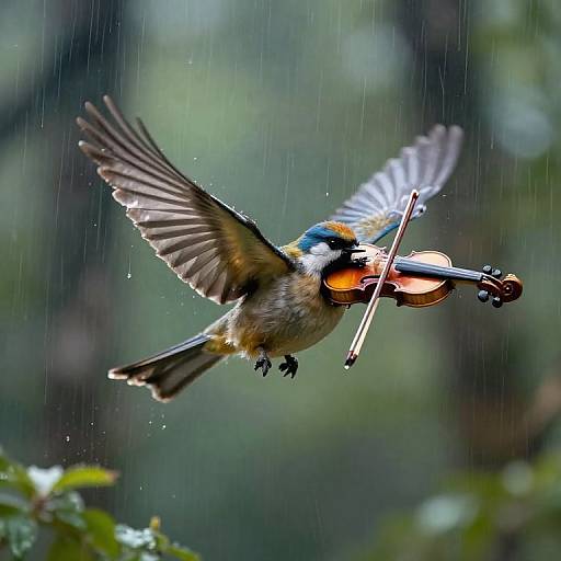 Photograph of a colorful kingfisher mid-flight, holding a violin bow and violin in its beak, raining in a lush green forest.