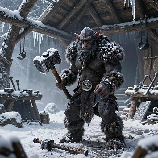 Troll Blacksmith Crafting Rune Warhammer