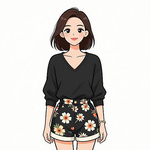 Anime-style digital drawing of a cute, young Asian woman with short brown hair, wearing a black V-neck sweater and floral black shorts.