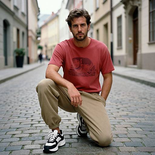 Photograph of a bearded, brown-haired man in a red T-shirt and beige pants, kneeling on a cobblestone street in a narrow European