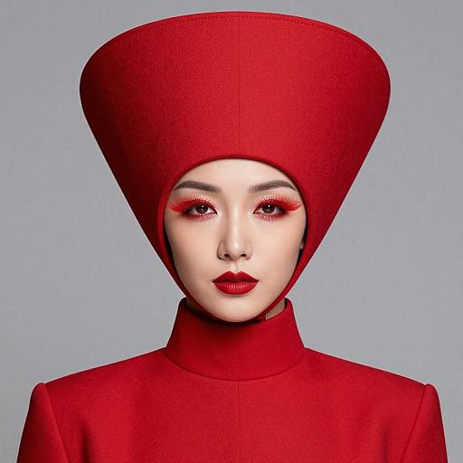 Photograph of a woman with pale skin, red lipstick, and red eye makeup, wearing a red, cone-shaped hat and matching red turtleneck