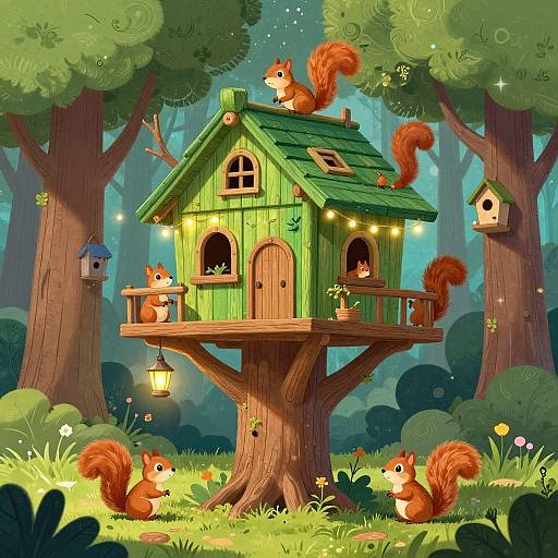 Whimsical Squirrel Treehouse Illustration