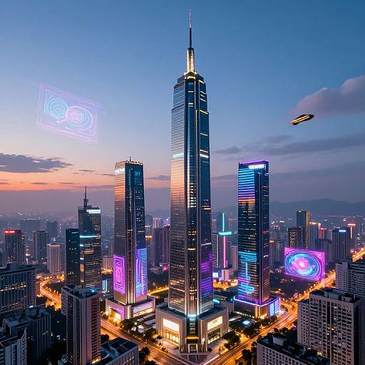 Photograph of a futuristic cityscape at dusk, featuring illuminated skyscrapers with neon lights, holographic displays, and vibrant, colorful digital patterns against