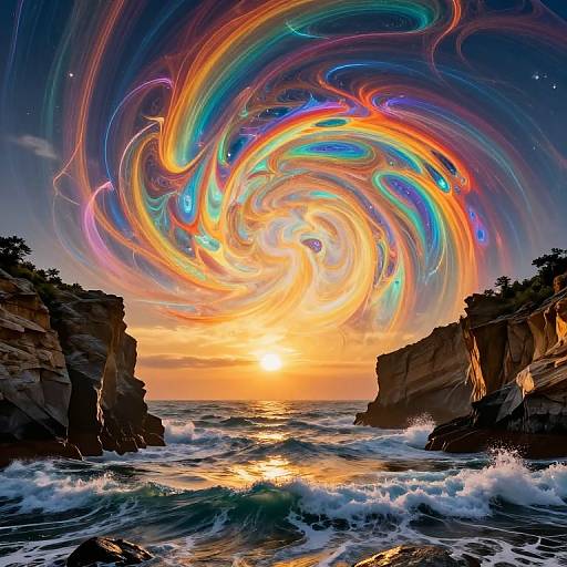 Digital artwork of a vibrant, swirling rainbow sky above a rocky beach at sunset, with crashing waves and a bright orange sun.
