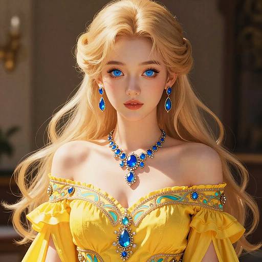 Blonde Woman in Yellow Dress with Blue Jewelry