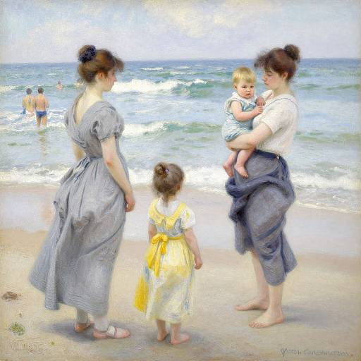 Photorealistic painting of three women in vintage dresses with a toddler, standing on a beach; ocean waves, a man in swim trunks in the