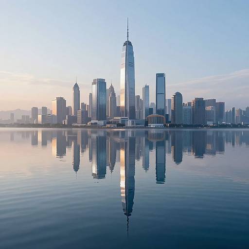 Photograph of New York City skyline at sunset, with One World Trade Center prominently reflected in calm water. Clear blue sky, soft light, modern skys