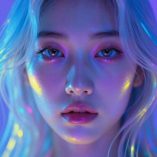 Close-up photograph of a young woman with glowing blue and purple lighting, bright blue eyes, and shiny, illuminated skin, with blonde hair framing her face