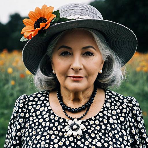 Elegant Older Woman in Floral Dress and Hat