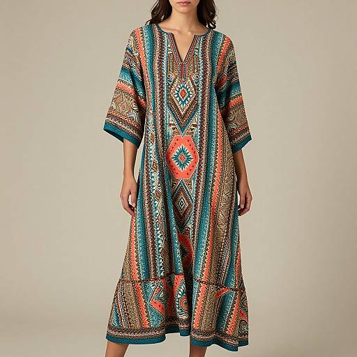 Photograph of a woman wearing a vibrant, V-neck, knee-length dress with intricate geometric patterns in blue, orange, and white against a plain beige