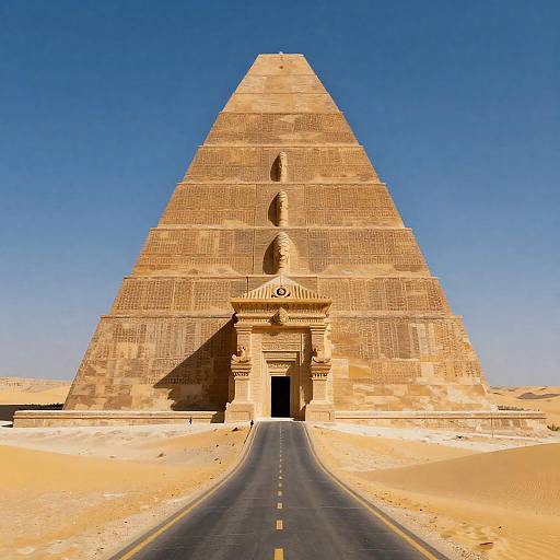 Photograph of the Pyramid of Khafre in Giza, Egypt, with a clear blue sky, centered on a straight, asphalt road leading to