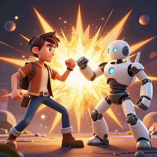 CGI image of a brown-haired boy in a brown jacket and blue jeans punching a glowing, white robot, with a bright explosion in the background on