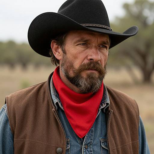 Photograph of a rugged middle-aged man with a brown beard, wearing a black cowboy hat, red bandana, denim shirt, and brown vest,